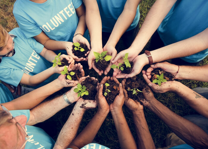a group of people standing in a circle holding plants.
